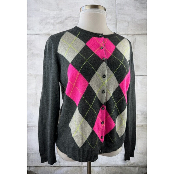 Apt 9 Cashmere Cardigan Sweater Gray Argyle Diamond Button Up Women's Size XL - Picture 3 of 16